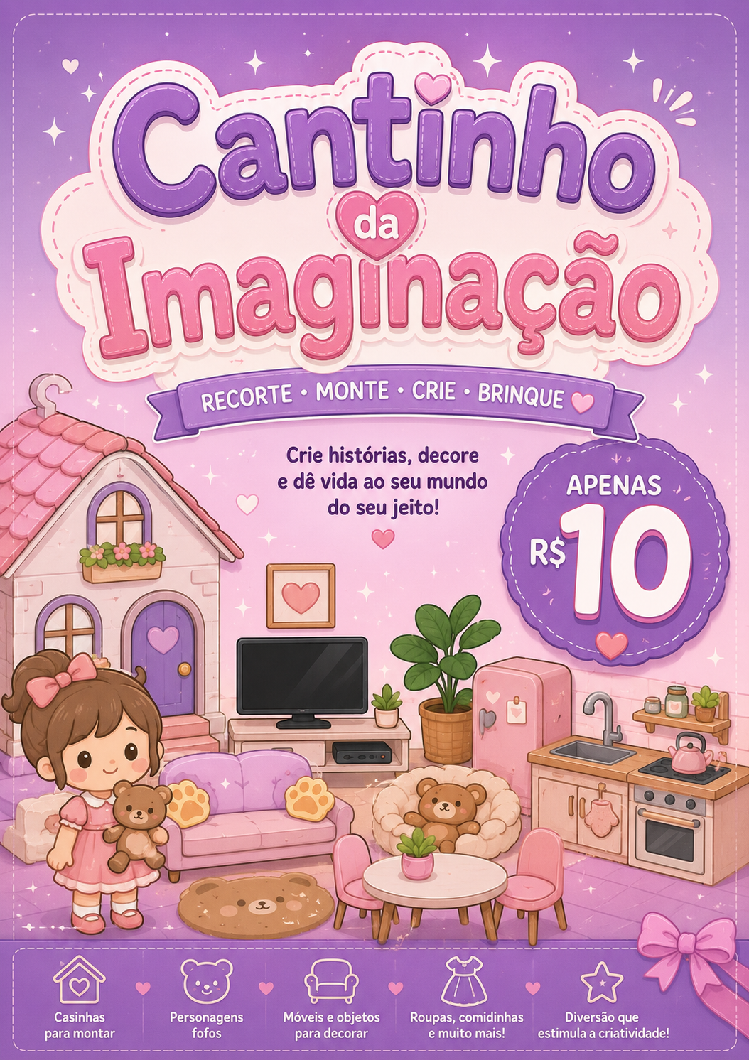 Capa do kit Cantinho da Imaginação com casinha, bonequinha, móveis e acessórios para recortar